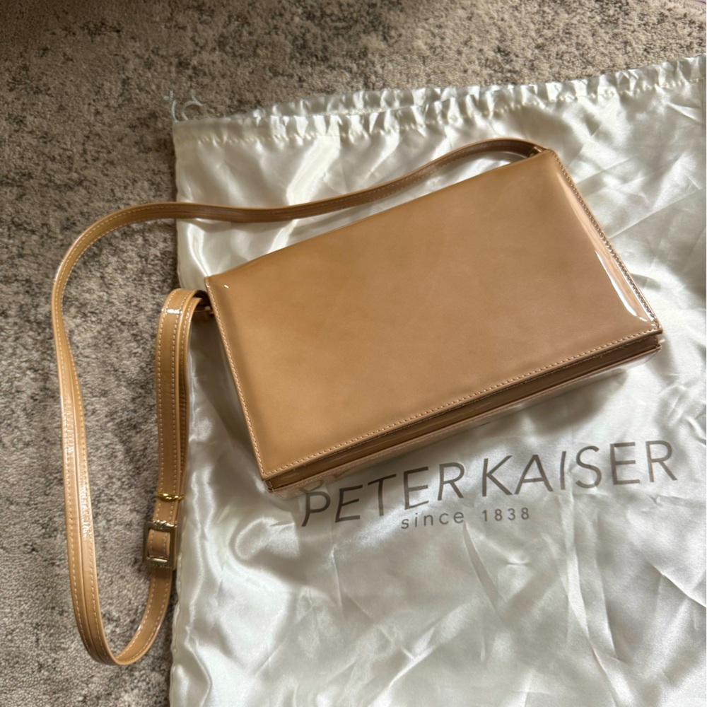 New Peter Kaiser Tan patent Leather Crossbody Bag with gold hardware.